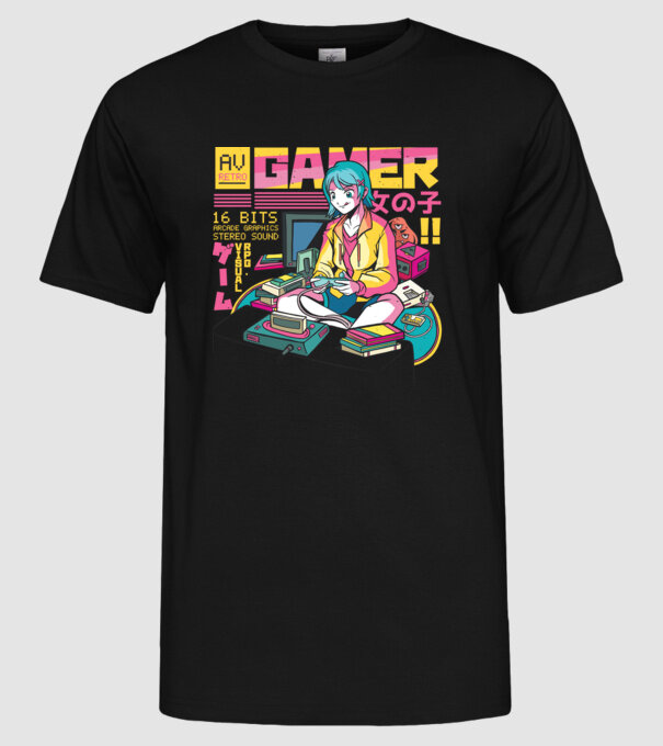 Anime fată Gamer model negru pe tricou