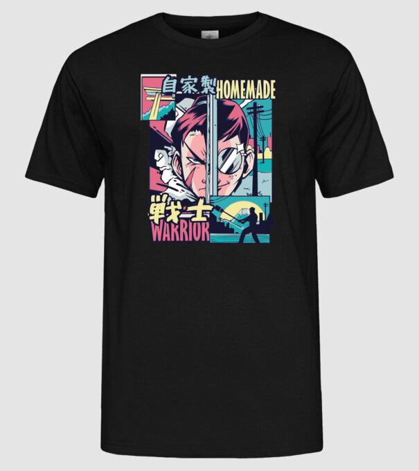 Anime Vaporwave Home Made Warrior model negru pe tricou