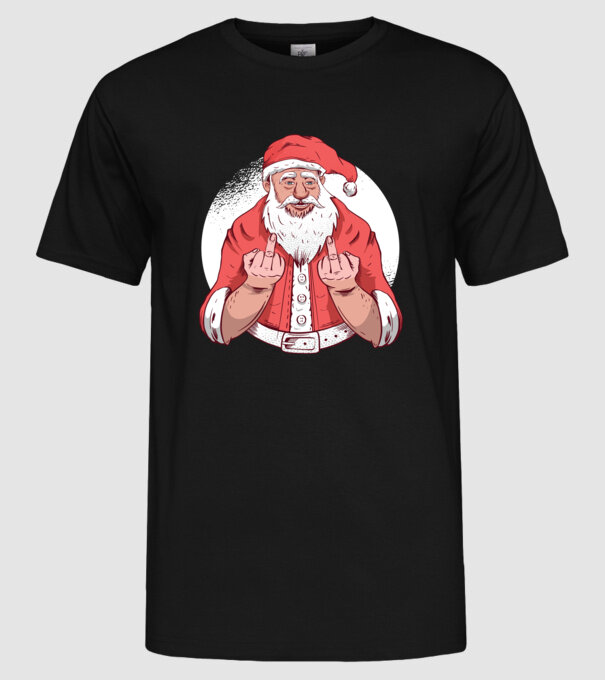 Moș Crăciun antisocial arată degetul model negru pe tricou