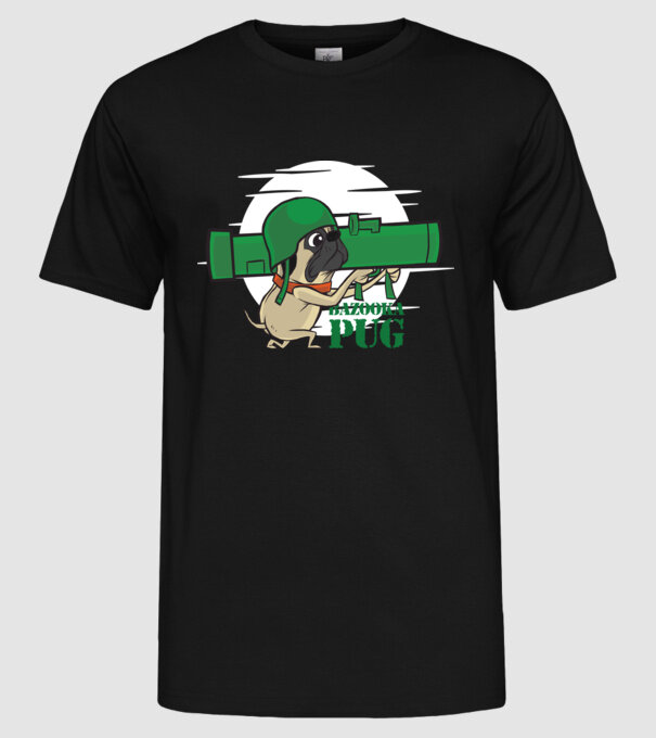 Mops Bazooka model negru pe tricou