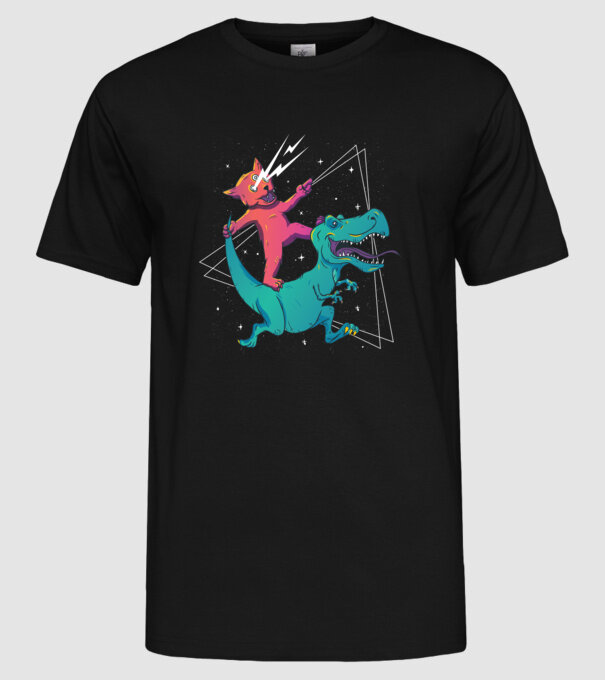 Pisică drogată pe dinozaur model negru pe tricou