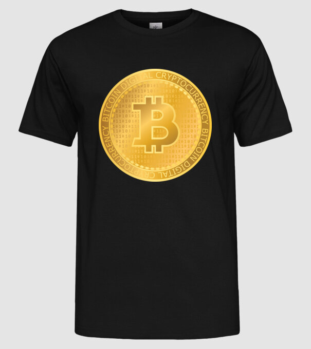 Monedă de aur Bitcoin model negru pe tricou