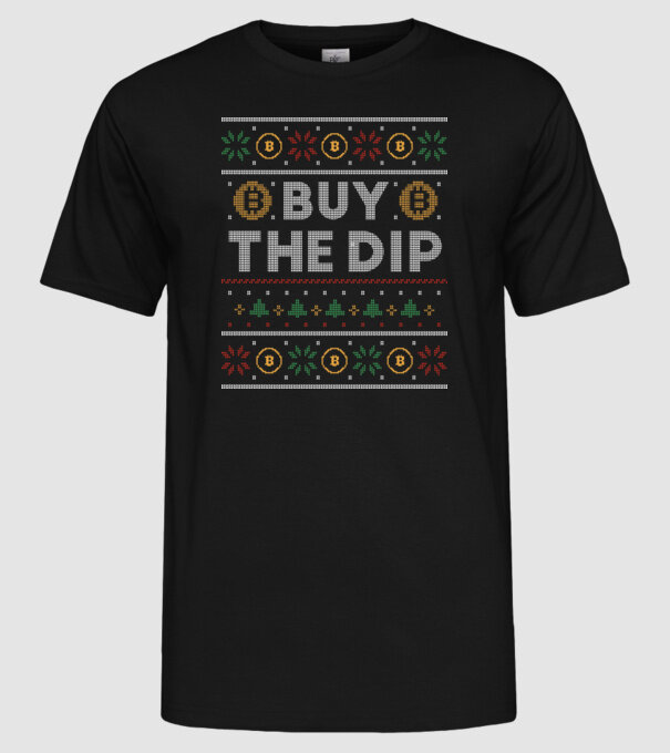 Buy the Dip Bitcoin Ugly Sweater model negru pe tricou