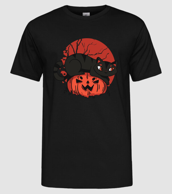 Pisică pe dovleac Halloween model negru pe tricou