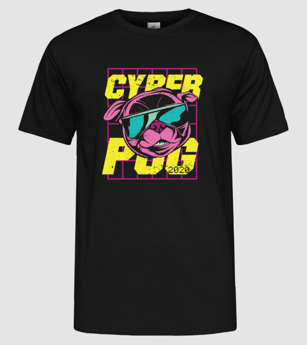Mops Cyber Pug model negru pe tricou