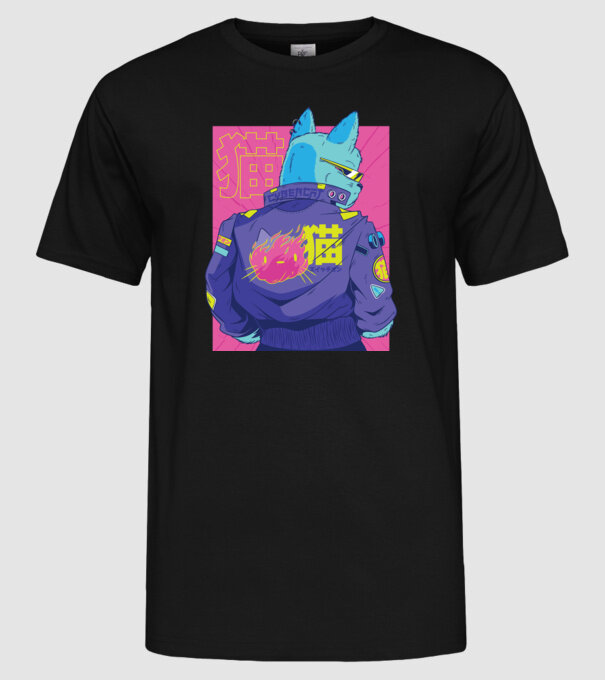 Pisică Cyberpunk model negru pe tricou