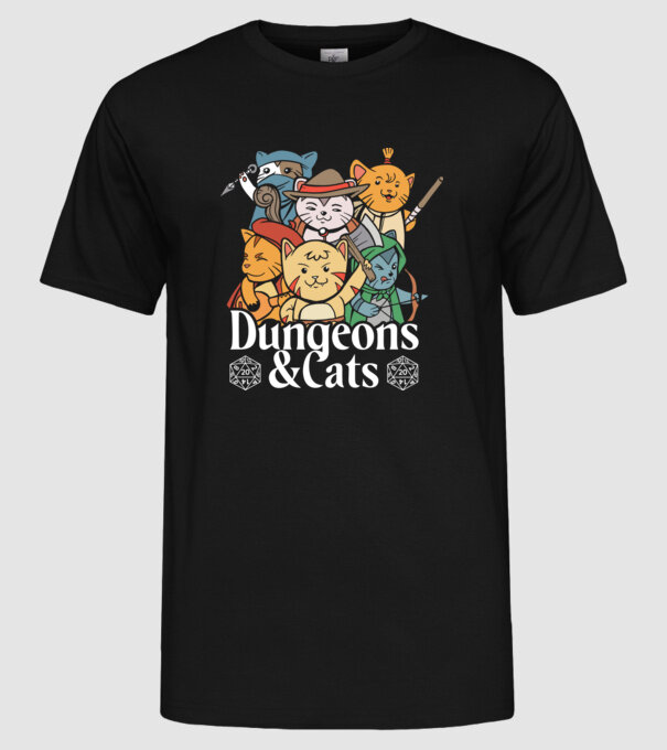 Dungeons and Cats - Joc de rol cu pisici model negru pe tricou