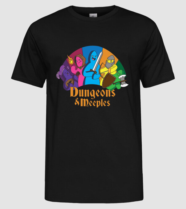 Dungeons Meeples model negru pe tricou