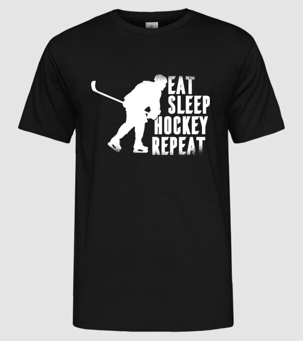 Eat Sleep Hockey Repeat model negru pe tricou