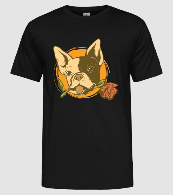Bulldog francez cu trandafir model negru pe tricou