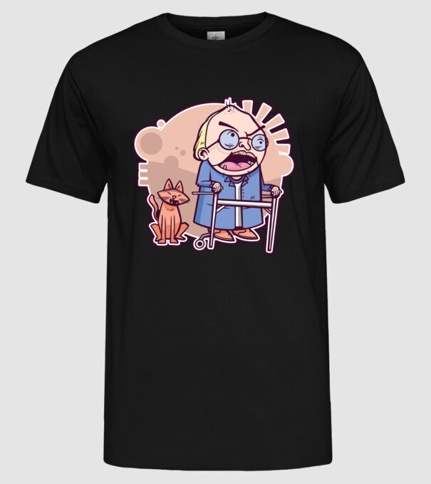 Bunic în vârstă cu pisică model negru pe tricou