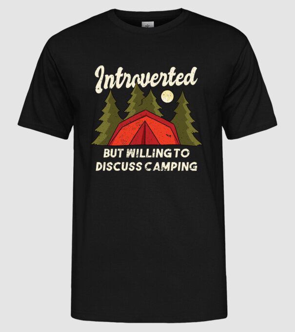 Camping Introvertit model negru pe tricou