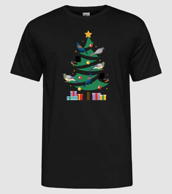 Pom de Crăciun cu păsări model negru pe tricou