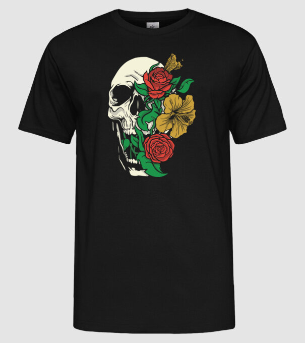 Trandafir craniu model negru pe tricou