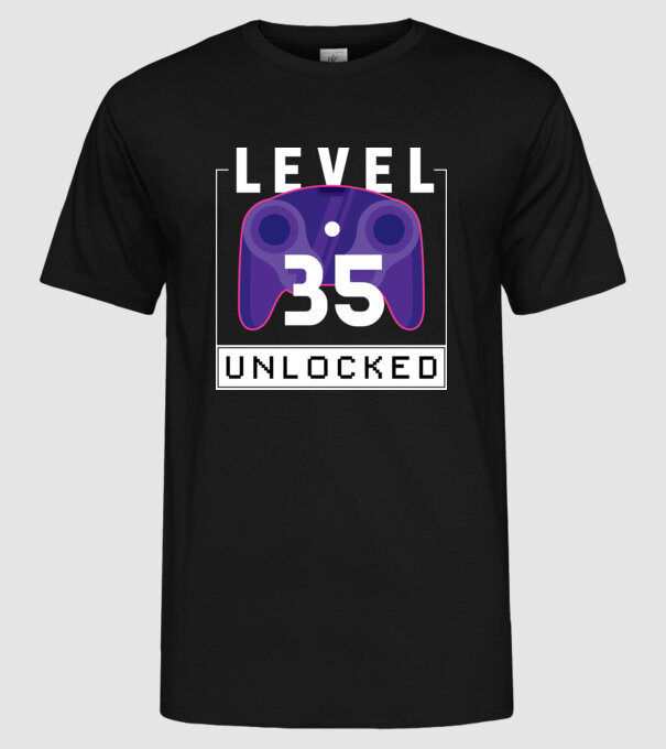 Level 35 Unlocked Gamer Birthday model negru pe tricou