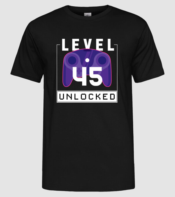 Level 45 Unlocked Gamer Birthday model negru pe tricou