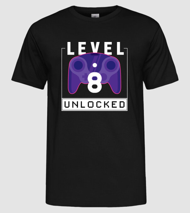 Level 8 Unlocked Gamer Birthday model negru pe tricou