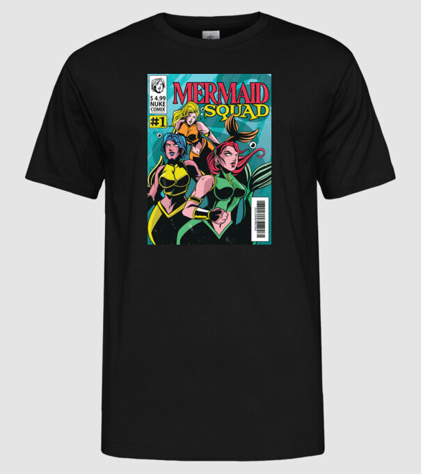 benzi desenate Mermaid Squad model negru pe tricou