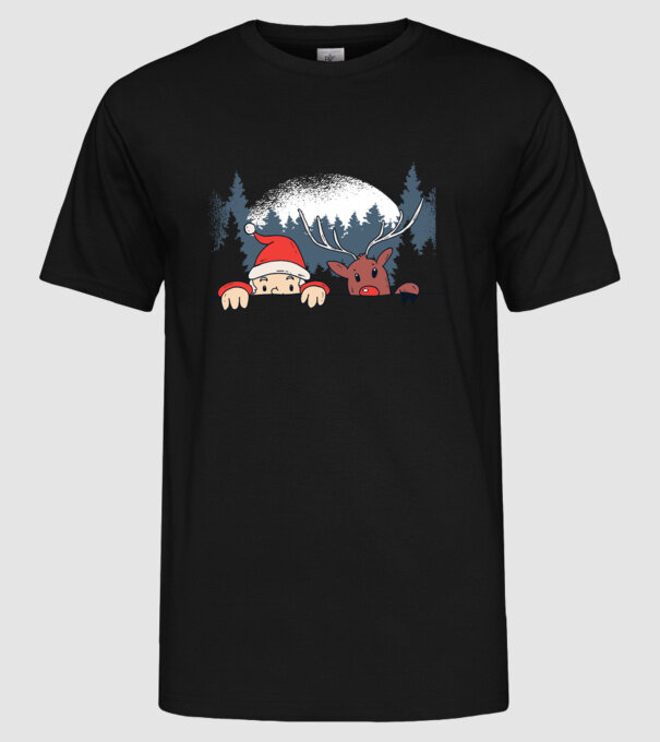 Moș Crăciun și Rudolf trag cu ochiul model negru pe tricou