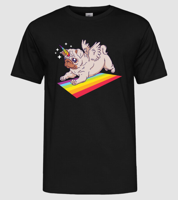 Mops unicorn model negru pe tricou
