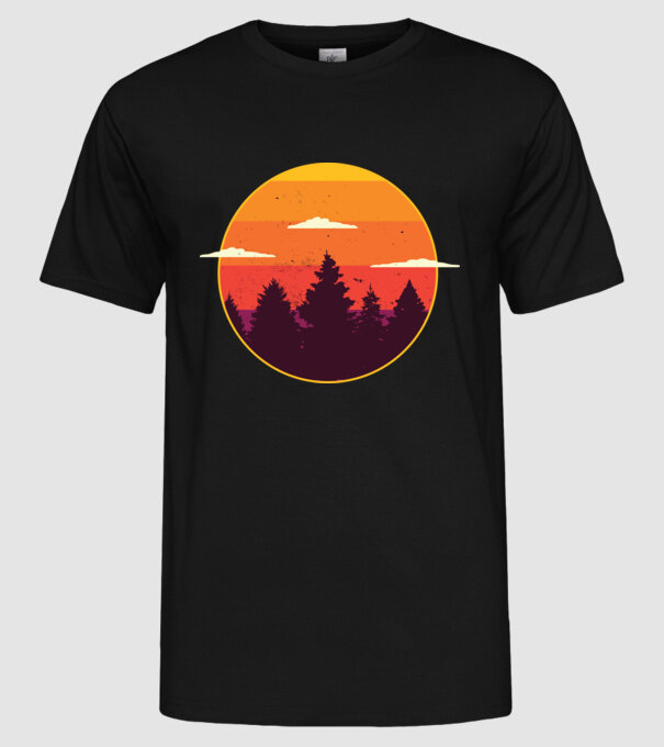 Apus de soare în pădure model negru pe tricou
