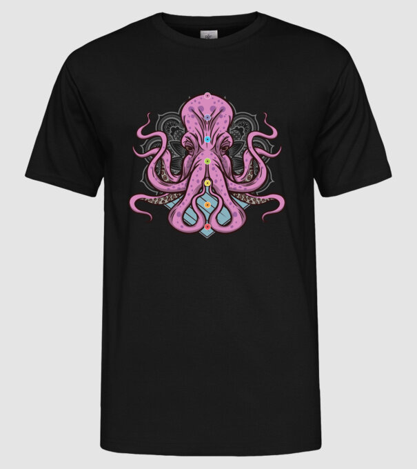 Yoga Octopus model negru pe tricou