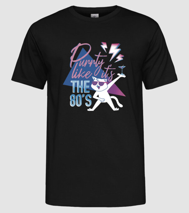 'Purrty Like it''s the 80''s' model negru pe tricou