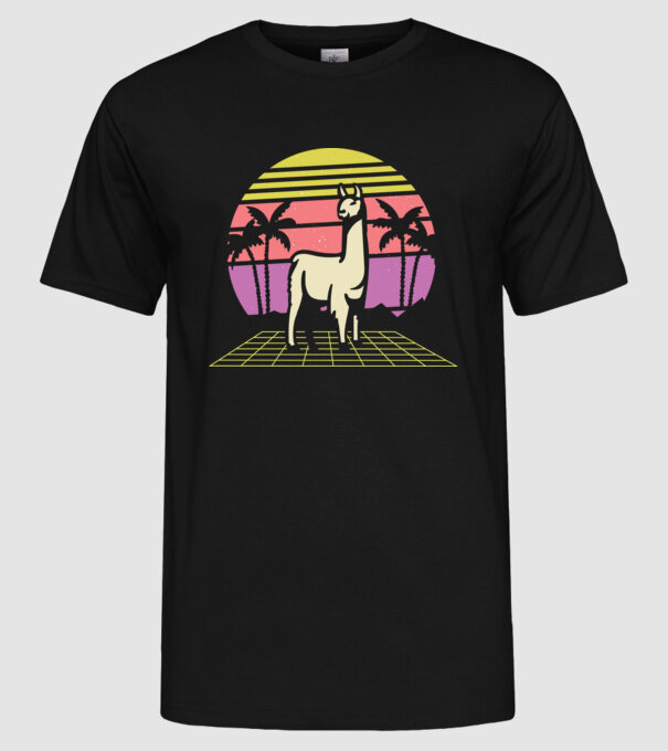 Lama Retro model negru pe tricou
