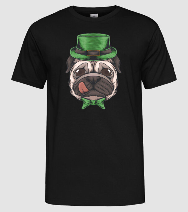 Mops Sfântul Patrick model negru pe tricou