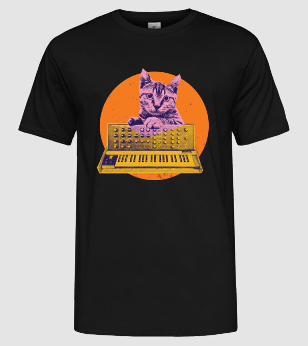 Pisică cu sintetizator model negru pe tricou