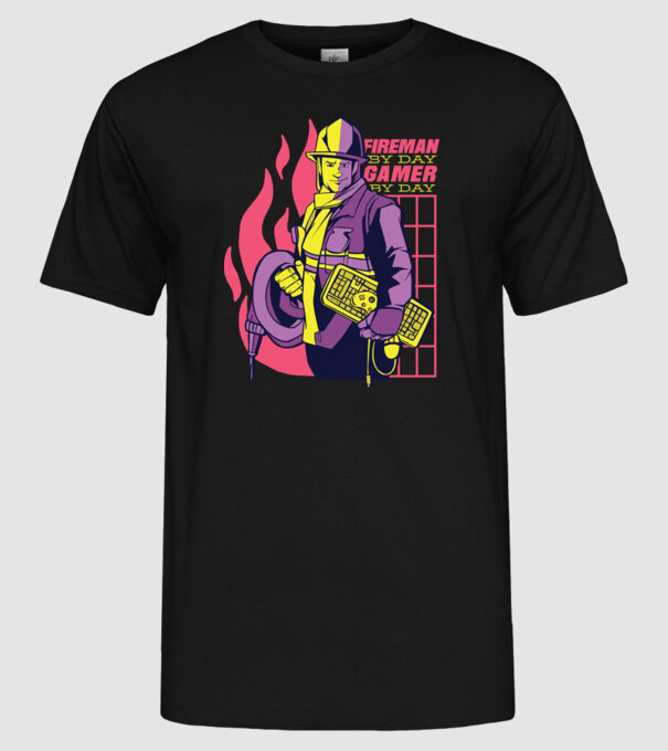 Pompier ziua, Gamer noaptea model negru pe tricou