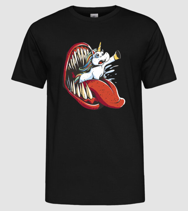 În gura monstrului Unicorn model negru pe tricou