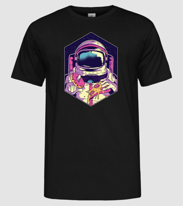 Astronaut Gogoașă și Pizza model negru pe tricou