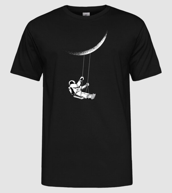 Astronaut care se dă în leagăn pe lună model negru pe tricou