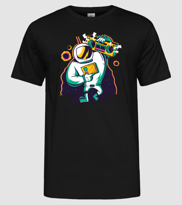 Astronaut cu casetofon model negru pe tricou