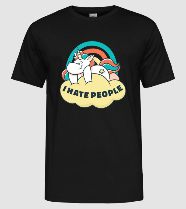 Urăsc oamenii Unicorn model negru pe tricou