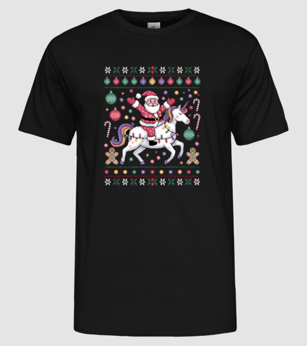 Moș Crăciun pe un pulover urât unicorn  model negru pe tricou