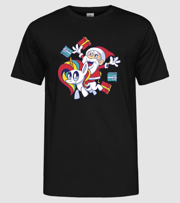 Moș Crăciun pe un unicorn model negru pe tricou