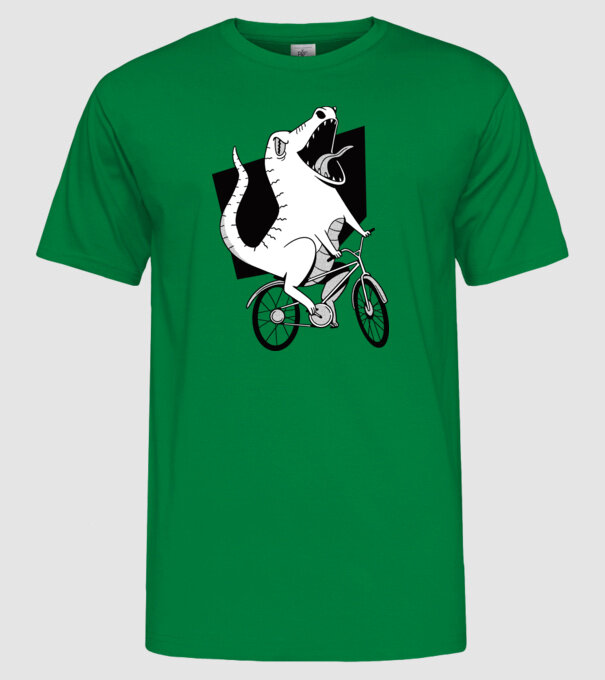 Dinozaur cu bicicletă model verde pe tricou