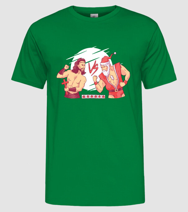 Isus vs Moș Crăciun Street Fighter tricou amuzant Crăciun model verde pe tricou