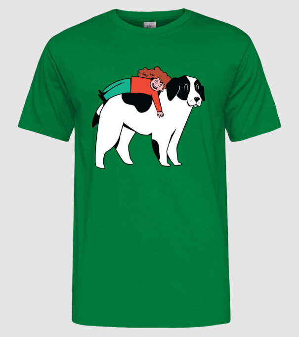 Fetiță cu câine model verde pe tricou