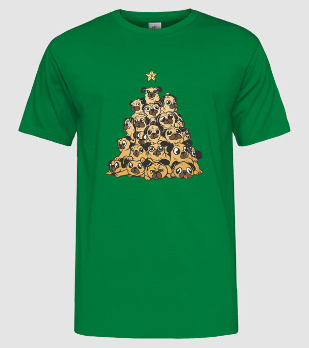 pom de Crăciun cu cățel (mops) model verde pe tricou