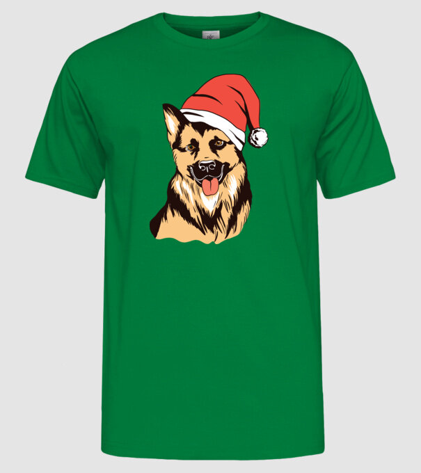 Ciobănesc german în căciulă de Moș Crăciun model verde pe tricou