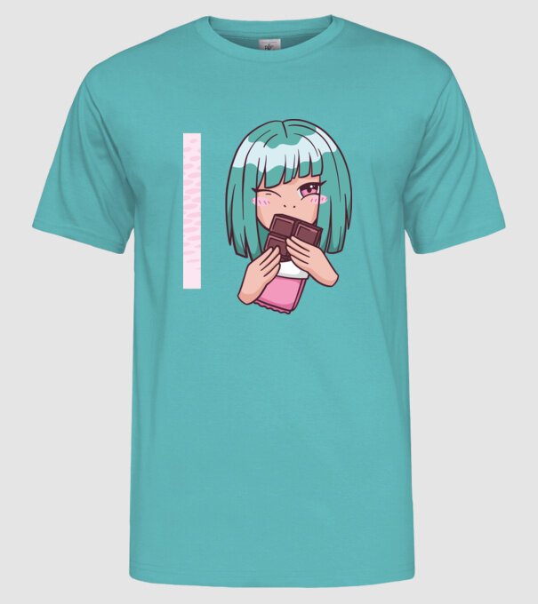 Anime fată cu ciocolată model turcoaz pe tricou