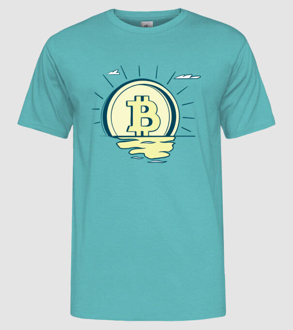 Bitcoin sunrise model turcoaz pe tricou