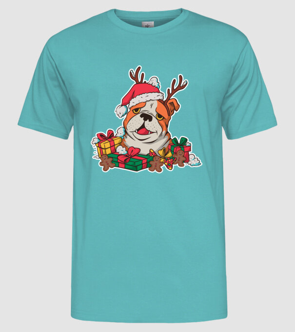 Bulldog de Crăciun model turcoaz pe tricou