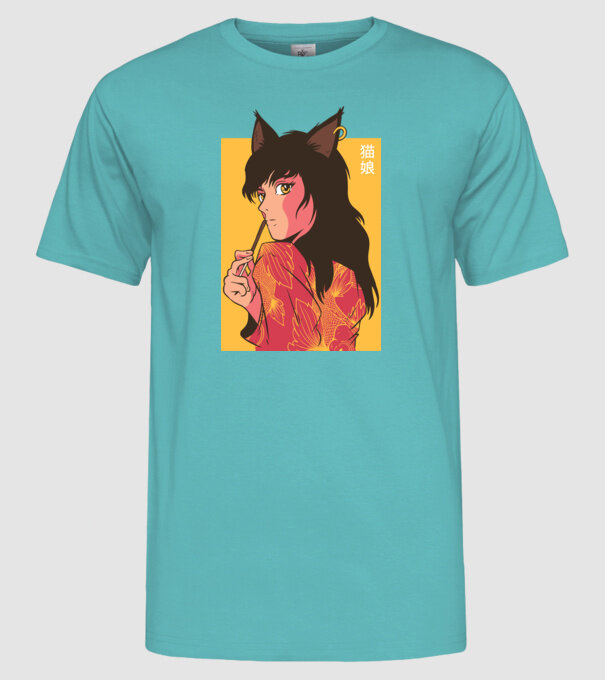 Pisică Fată Anime model turcoaz pe tricou