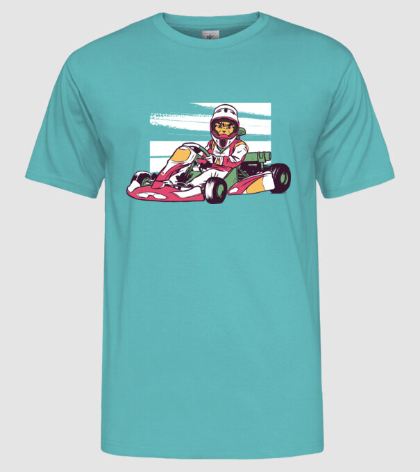Pisică gokart model turcoaz pe tricou