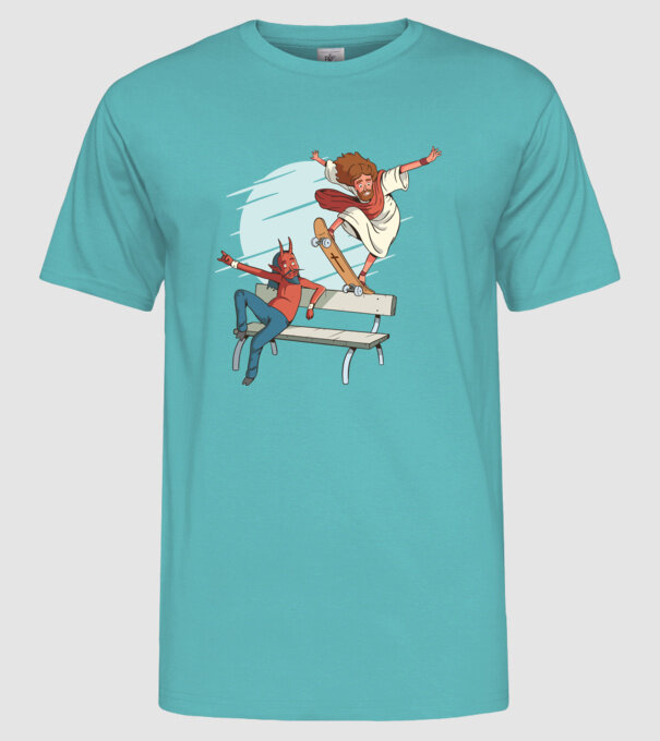 Isus Skateboarding model turcoaz pe tricou