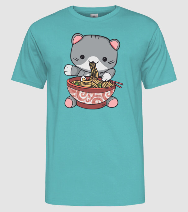 Pisică Kawaii Ramen model turcoaz pe tricou